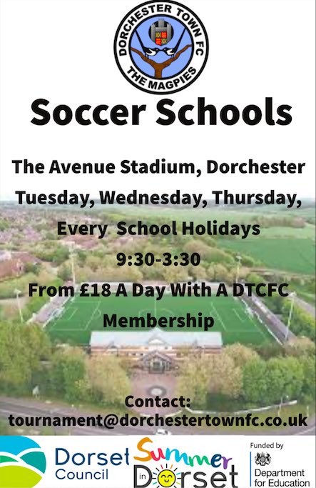 ☀️ | 𝗦𝗢𝗖𝗖𝗘𝗥 𝗦𝗖𝗛𝗢𝗢𝗟𝗦 

Our popular Soccer Schools are back at The Avenue over the summer holidays! 

Spaces are filling up fast so to book sessions please visit our website below 👇

🔗 dorchestertownfc.ktckts.com/brand/soccer-s…

#WeAreDorch ⚫️⚪️