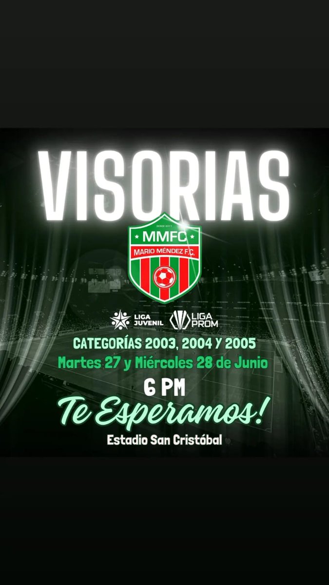 ⚽️Quieres ser parte de nuestro proyecto de los RAYADOS MMFC?⚽️

 Te esperamos en nuestras  visorias 

 📍 Martes 27 y Miércoles 28 de
 🚩Estadio San Cristóbal
🧭 De  6 pm a  8 pm . 

👉Ven y Forma Parte de Nuestro Club los RAYADOS DE CHIRIQUI🙌 Te esperamos !! #yosoyrayado