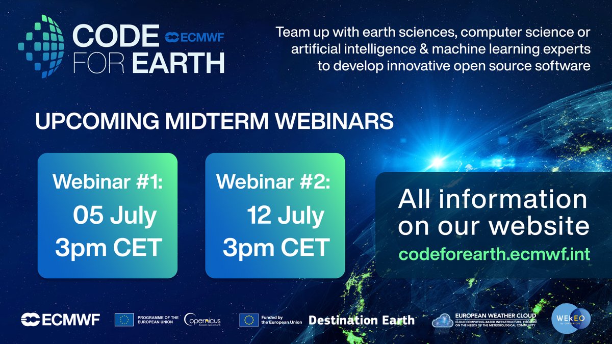 @ECMWFCode4Earth has now began its Coding Phase ⌨️ Join their 2 webinars in which the developer teams will showcase their first results, share their insights, & interact with the audience. 🗓️ 5th & 12th July Register: #C3S👉bit.ly/3XmLO6w CAMS👉bit.ly/3JunolE