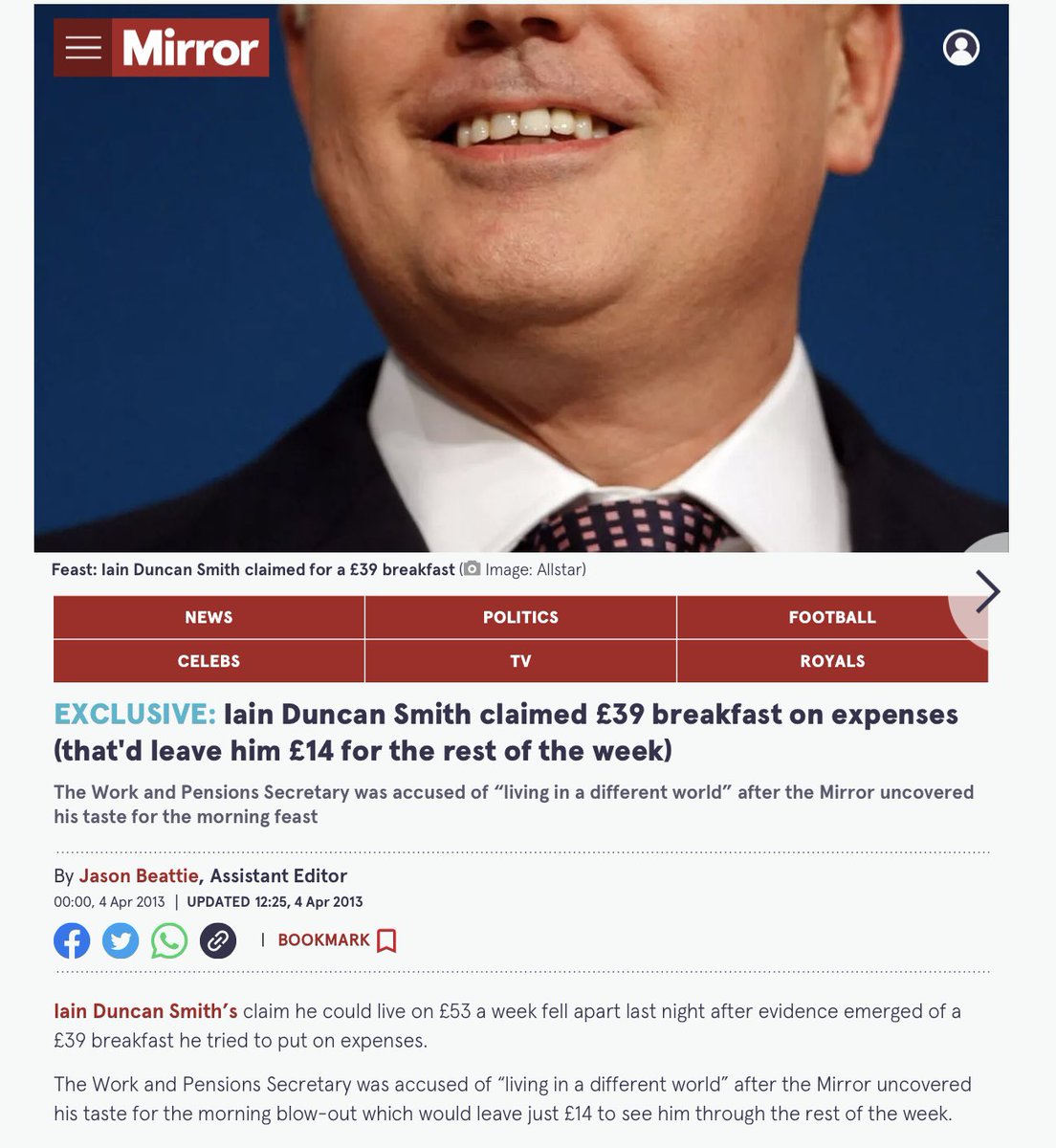 @paulbristow79 And let’s not forget that £39 breakfast bill for Iain Duncan Smith that hardworking taxpayers paid. Tory leeches have nothing in common with ordinary people… especially the multimillionaires like Fishi Sunak, Nadhim Zahawi or Richard Drax. Or Liar Johnson and his £3.8m manor.