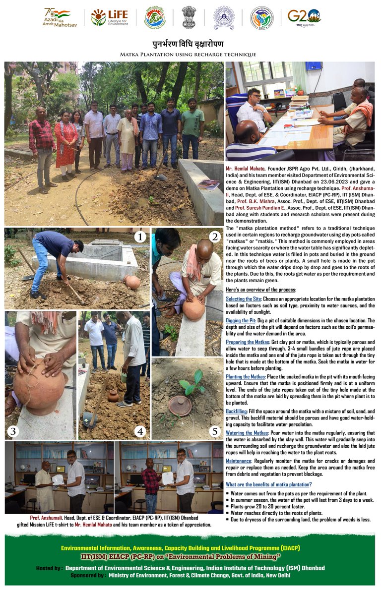 IIT(ISM) EIACP(PC-RP) on 23.06.2023 organized demonstration of 'Matka Plantation', a traditional technique used to fulfill water requirement of plants & recharge groundwater in areas facing water scarcity. 
#MissionLiFE 
#SaveWater
#ProPlanetPeople
@moefcc 
@IITISM_DHANBAD