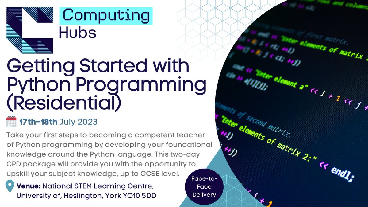 🐍 Getting Started with Python Programming 📆 17th–18th July 📍 Face-to-Face @STEMLearningUK #York Start your journey with Python programming, this two-day residential will support you with learning the language, up to GCSE level. 💻 Book: tinyurl.com/pythonyork