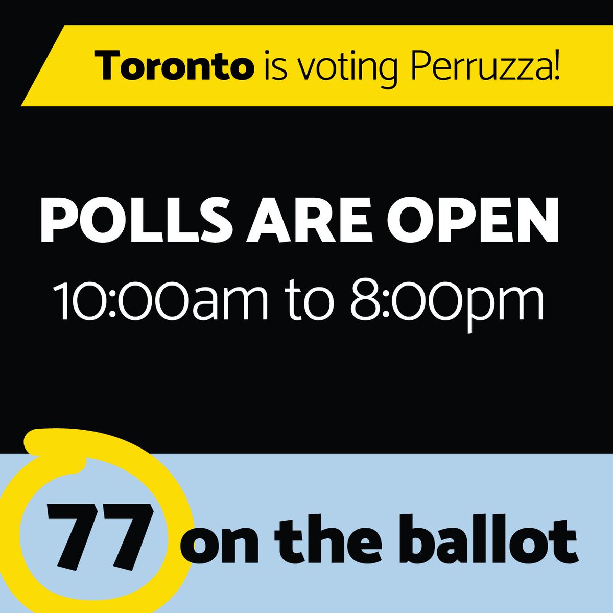 The polls are now open! Today is your last chance to vote for a better Toronto, a city that works for people.

⏰ Vote between 10am and 8pm TODAY
📍Find out where to vote: LINK IN BIO

#TOpoli #bettertoronto #voteperruzza #perruzza77 #perruzzaformayor #betterdeal