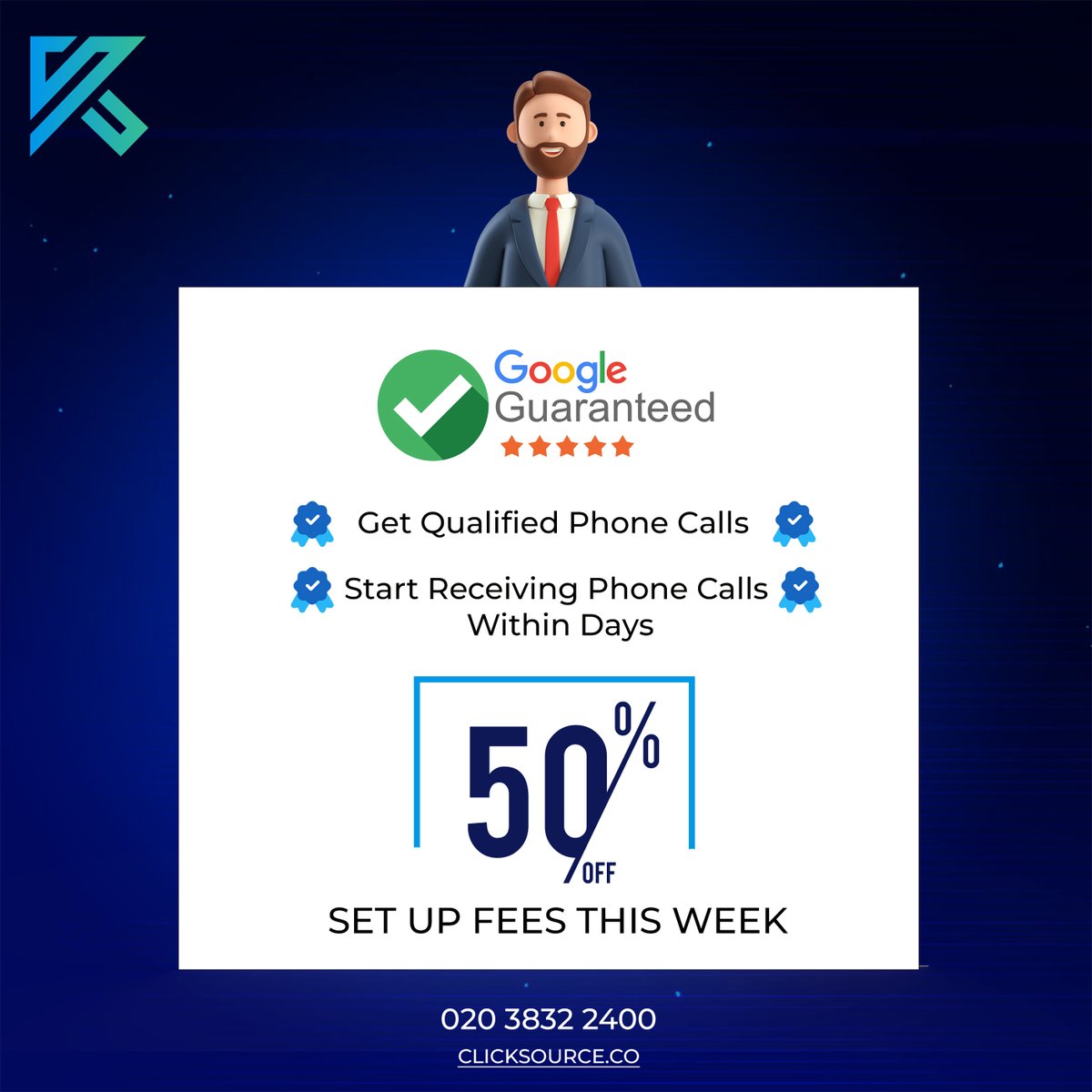 Boost your business's credibility and success with Google Guaranteed! Contact Click Source, your trusted digital ally, to harness the power of this remarkable opportunity.

#GoogleGuaranteed #TrustAndConfidence #QualityResults #ClickSource #UKBusiness #DigitalMarketing