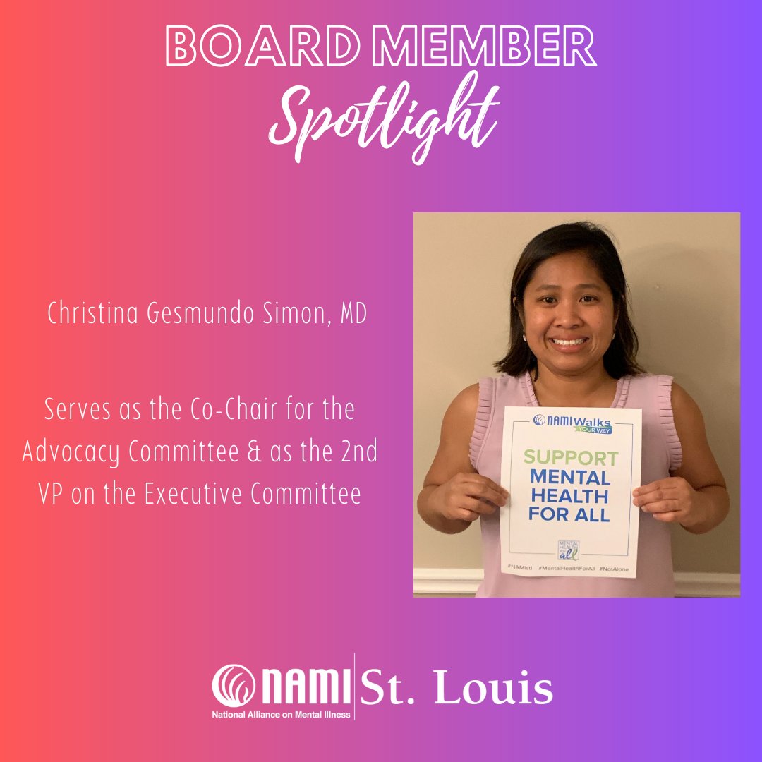 🔦 Time to spotlight one of our fantastic board members, Christina Gesmundo Simon, MD! Are you interested in joining one of our committees or our executive board? 👀 Please copy and paste this link namistl.org/get-involved/v… to fill out our volunteer application!