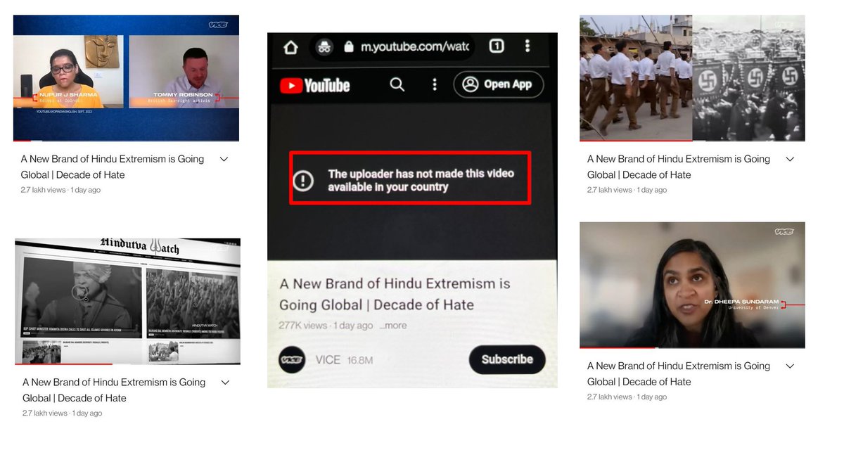 thehawkeyex's tweet photo. Soros-funded, now bankrupted & desperate- VICE Media has published a propaganda video on RSS/BJP/Hindus but has restricted the visibility in India.

12min video starts with the Leicester riots and an interview clip of Nupur Sharma (@UnSubtleDesi ) and Tommy Robinson.

The video has disinformed rhetoric views of comparing Nazis with RSS (because they use their "symbol are same")  ;-( , quoting ppl out of context, selective video clips, and featuring a leftist professor on PM Modi, CM Yogi, RSS, BJP.. the same ChatGPT drafted. Maybe it's an intern project.