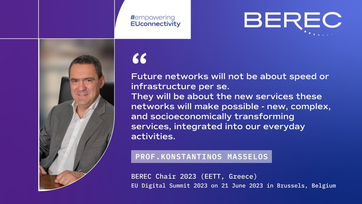 BERECeuropaeu's tweet photo. During the #EUDS2023, @BERECeuropaeu Chair @KostasMasselos participated in the discussions focused on network readiness for #digital transformation, the #Gigabit Infrastructure Act and financing models that can efficiently match the investment needs. #ConnectivityInfrastructure https://t.co/QE2LkJDcLF