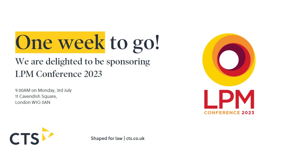 Not long now until Legal Practice Management (LPM) 2023 conference!

CTS are delighted to sponsoring this event. We are looking forward to meeting everybody next Monday, 3rd July!

View the agenda here: hubs.ly/Q01VMpY30

#ctsevents #LPMConference2023 #lpmmagazine