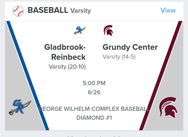 Bound Iowa (@bound_ia_) on Twitter photo π¨ Iowa HS Baseball Regular Season Gameπ¨
βΎ Grundy Center Spartans π Gladbrook-Reinbeck Rebels
π
Monday, June 26, 2023 - 5:00 PM CT
ποΈ George Wilhelm Complex
πΊ bit.ly/42Zx928
#spartanpride <a href="/SpartanSluggers/">Grundy Center Spartans Baseball</a> <a href="/gcspartans/">GC Schools</a> <a href="/GR_Rebels/">RebelNation</a> π¨ Iowa HS Baseball Regular Season Gameπ¨
βΎ Grundy Center Spartans π Gladbrook-Reinbeck Rebels
π
Monday, June 26, 2023 - 5:00 PM CT
ποΈ George Wilhelm Complex
πΊ bit.ly/42Zx928
#spartanpride <a href="/SpartanSluggers/">Grundy Center Spartans Baseball</a> <a href="/gcspartans/">GC Schools</a> <a href="/GR_Rebels/">RebelNation</a>