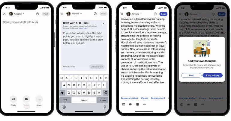 GracePlaton's tweet photo. #LinkedIn Launches Live Test of Generative AI Posts. Key concern that it’s going to enable people to create a misrepresentation of who they are by making it incredibly easy to just fake it, post, and move. https://t.co/3pUAXhh54V via @adhutchinson @socialmedia2day https://t.co/v8zFxOQy3i
