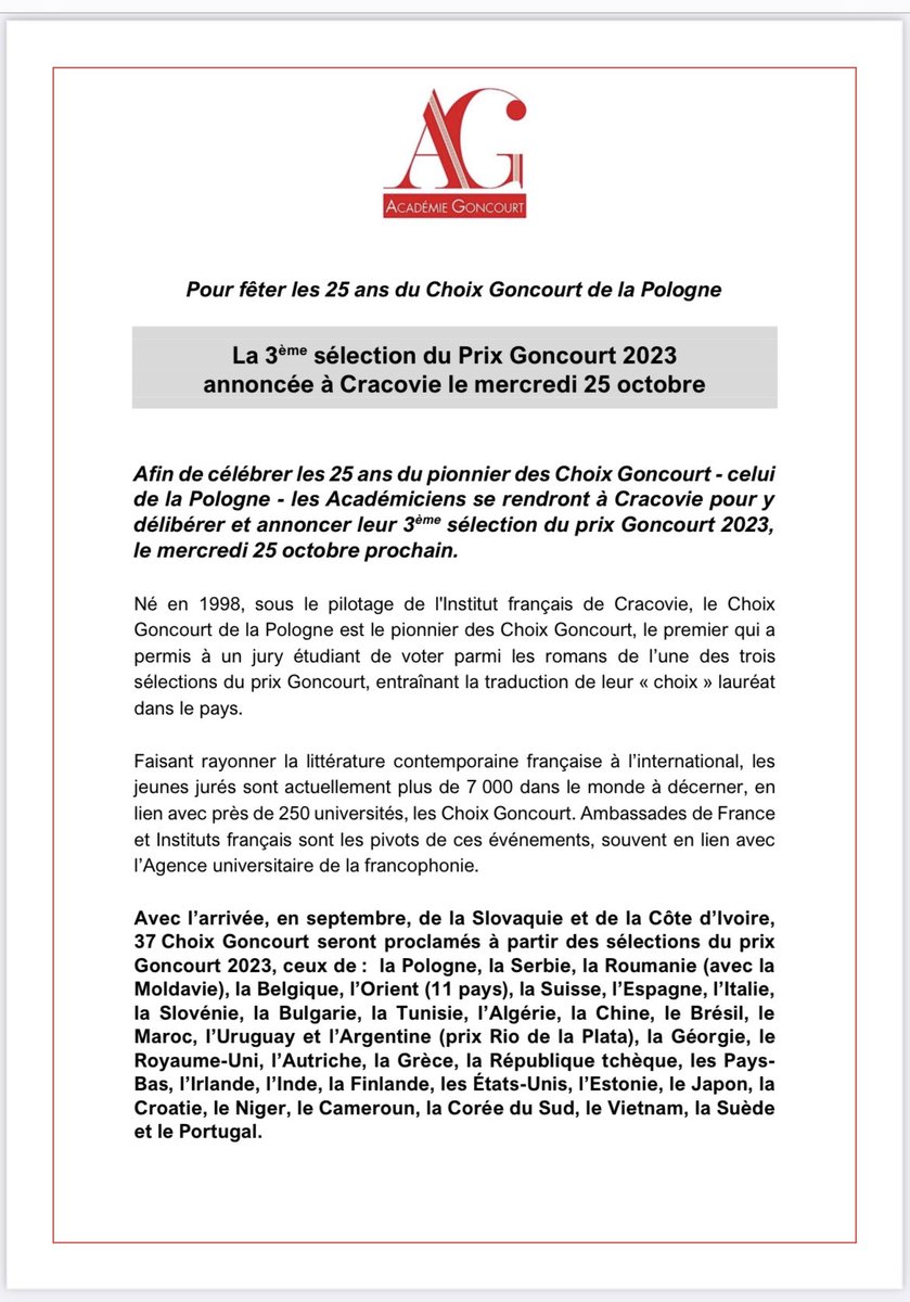 Pour fêter les 25 ans du Choix Goncourt de la Pologne, les académiciens annonceront à Cracovie, le mercredi 25 octobre, les 4 finalistes du prix Goncourt ! ⁦<a href="/IFParis/">Institut français</a>⁩ ⁦<a href="/IFCracovie/">Institut fr Cracovie</a>⁩ #goncourt