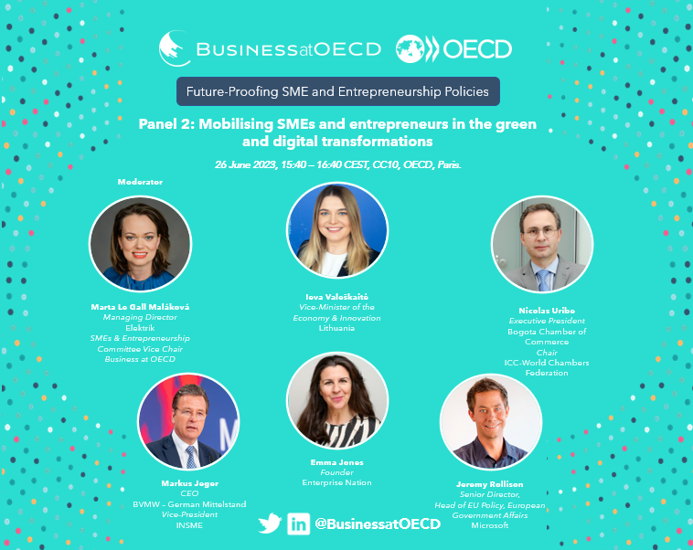 📢 Our 2nd panel will explore “Mobilizing SMEs and entrepreneurs in the green and digital transformations”, specifically how the uptake of digital &amp; green tools have equipped SMEs &amp; entrepreneurs to tackle challenges &amp; capitalize on opportunities.

Agenda: oecd-events.org/sme-entreprene…