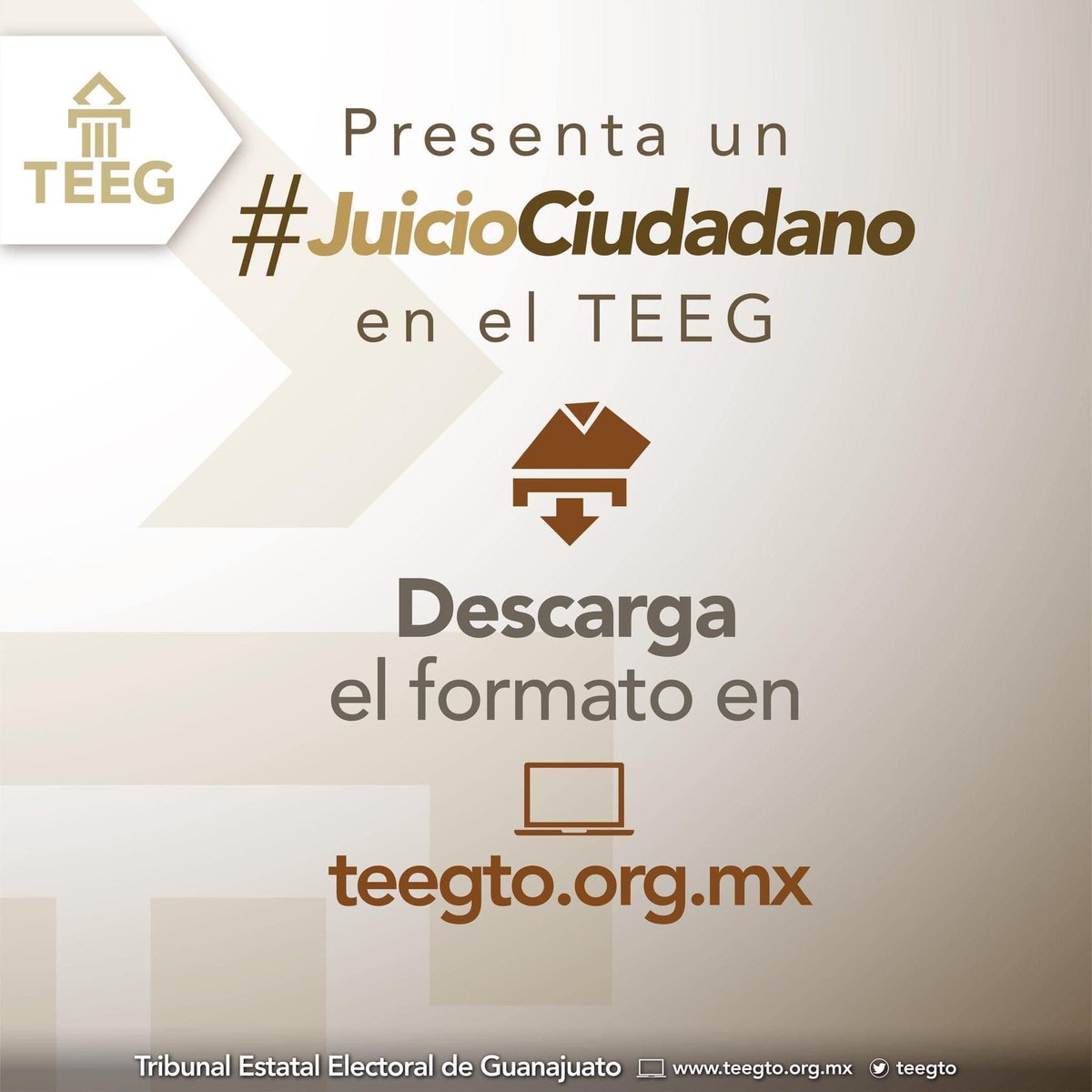 TEEGTO's tweet photo. 🤔 ¿Conoces el #JuicioCiudadano que puedes presentar ante el #TEEG para defender tus derechos político-electorales?
🗳️ Es muy fácil, descarga el formato aquí 👉🏽 https://t.co/DdnDlf1vCX
#JPDC #JuicioCiudadano https://t.co/CIDKINjzPh