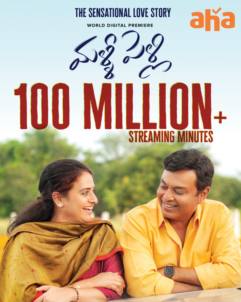 The sensational love story has created a new sensation🔥 #MalliPelliOnAHA has finished 100 M streaming minutes on aha. Have to watched it yet? @ItsActorNaresh #pavitralokesh @AnanyaNagalla