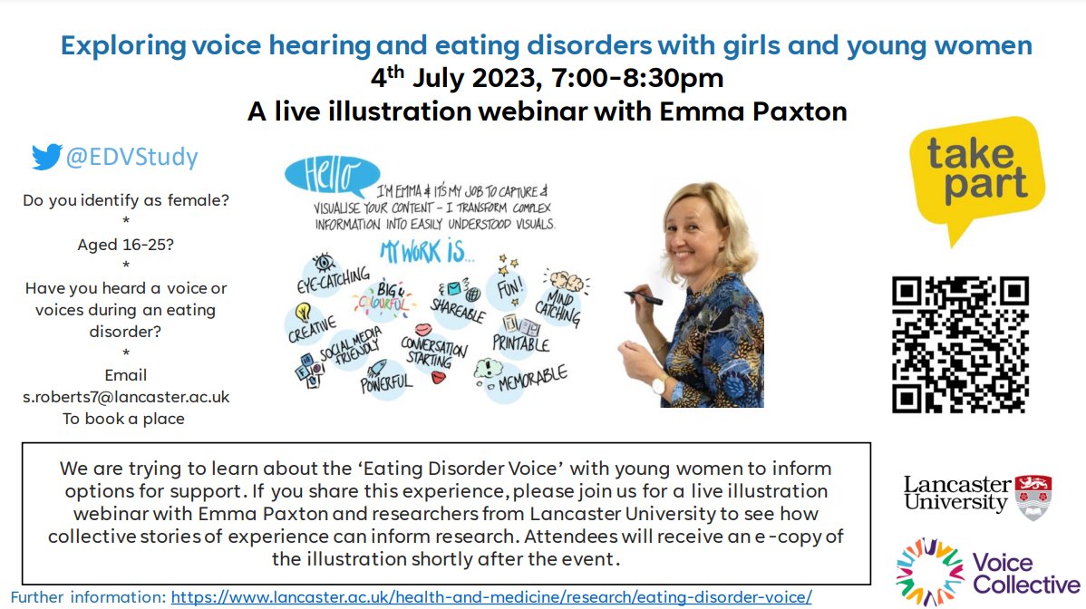 Join us on 4th July with @EDVstudy for a conversation about disordered eating and voice hearing, where we will have an artist illustrating the key themes that come up! See below for details of how to book a place🙂