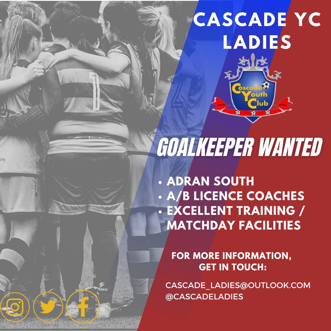 We are currently looking for a Goalkeeper to join us for the 23/24 season! 🧤 

If you are interested or want any additional information - Please get in touch!

Cascade_ladies@outlook.com
Or drop us a message!
