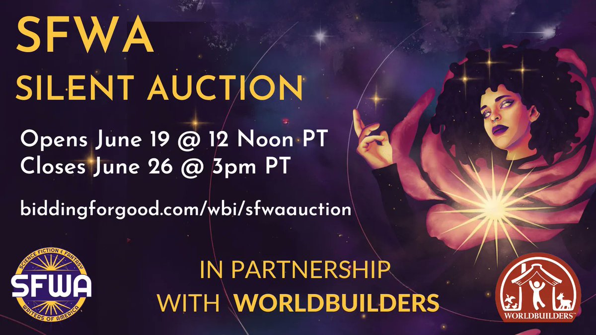 Less than 9 hours to go in the @SFWA Auction, which ends today at 3 pm PT / 6 pm EDT. Don't miss out on an amazing selection of signed books, collectibles, critiques, kaffeeklatsches, career sessions and much more! Spread the word! Place a bid! biddingforgood.com/wbi/sfwaauction