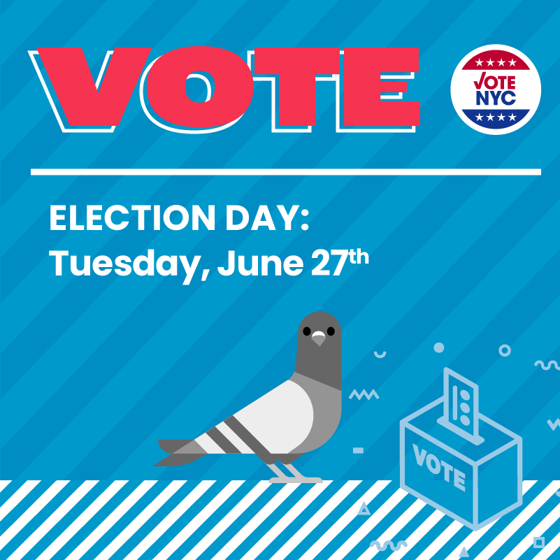 🚨Tomorrow is Election Day! 🚨
Polls are open from 6am-9pm. To verify you have an election, find your poll site or view a sample ballot, visit findmypollsite.vote.nyc