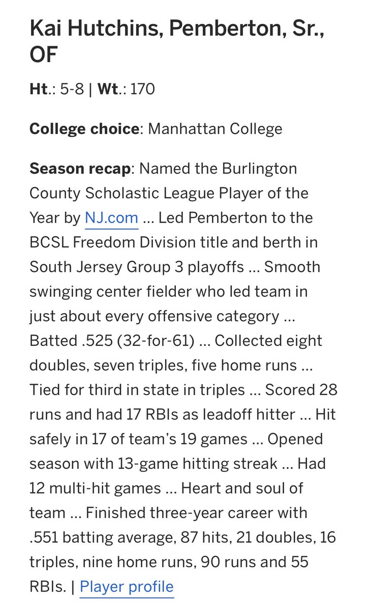 PembBaseball's tweet image. Congratulations to our Senior Kai Hutchins on being named the Burlington County Scholastic League ‘Player of the Year’ as well as an NJ All-State 3rd Team selection. He also landed on the All-South Jersey team! Deserving recognition after an outstanding high school career!