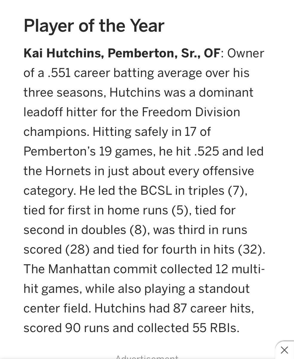 PembBaseball's tweet image. Congratulations to our Senior Kai Hutchins on being named the Burlington County Scholastic League ‘Player of the Year’ as well as an NJ All-State 3rd Team selection. He also landed on the All-South Jersey team! Deserving recognition after an outstanding high school career!