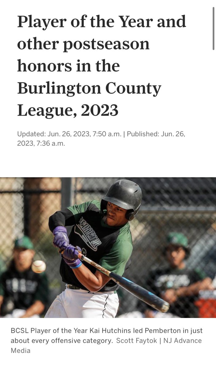 PembBaseball's tweet image. Congratulations to our Senior Kai Hutchins on being named the Burlington County Scholastic League ‘Player of the Year’ as well as an NJ All-State 3rd Team selection. He also landed on the All-South Jersey team! Deserving recognition after an outstanding high school career!