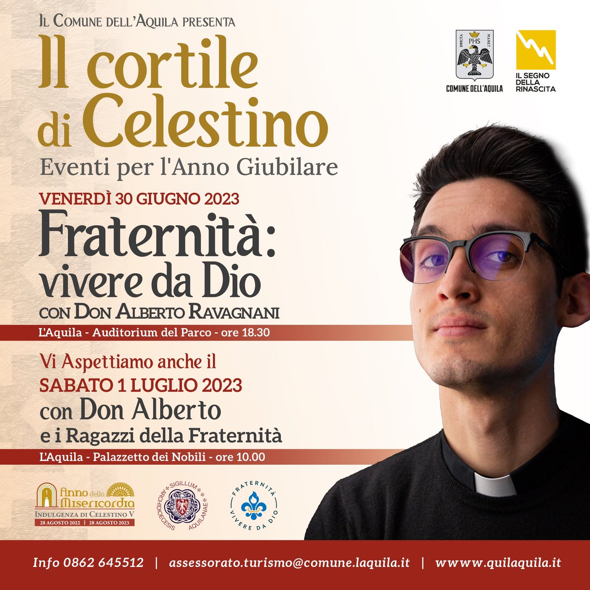 Prosegue la rassegna dedicata all’anno giubilare a #laquila. 
📌Venerdì prossimo, #30giugno, alle 18:30 all’auditorium del Parco, e sabato #1luglio, alle 10 al palazzetto dei Nobili, ci sarà don Alberto Ravagnani