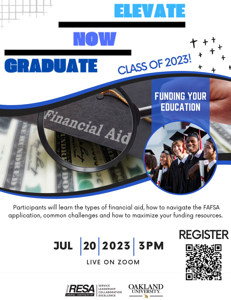 Register now for our first session of Graduate Now Elevate where we will be tackling the sometimes complicated world of financial aid! 
 
#waynecounty #college #classof2023 #financialaid #payingforcollege