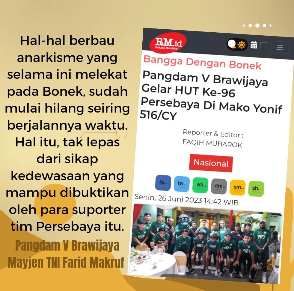 0825Kodim's tweet photo. Bangga Dengan Bonek, Pangdam V/Brawijaya Gelar HUT Ke-96 Persebaya Di Mako Yonif 516/CY
#kodamvbrawijaya
#korem083
#tniad
#puspentni
#tentara
#abdinegara
#tnipolri
#poldajatim
#humaspoldajatim
#detiknews
#timesbanyuwangi
#kompastv
#cnn https://t.co/dci5W6U27G