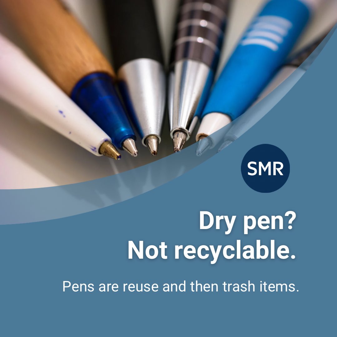 Pen out of ink? Refill &amp; reuse if you can! But when it is no longer useful, it belongs in the trash. Multi-material items like pens are very difficult to recycle, so they generally are not accepted in recycling programs. Always look up YOUR recycling guidelines &amp; #recycleright !