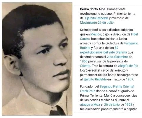 AcostaContino's tweet photo. 26/6/1958: Cae en el combate de Moa, el expedicionario del Granma Pedro Sotto Alba. En su entierro, fue decretado su ascenso al grado de capitán del Ejército Rebelde y designado Comandante de Honor de todos los poseedores de la Orden al Mérito Revolucionario #CubaViveEnSuHistoria https://t.co/tfeNDcmhgS