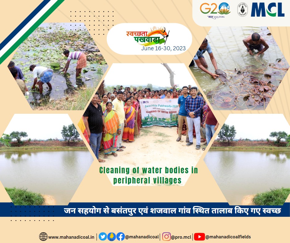 A programme was organised to clean the ponds at Basantpur & Sejwal villages in the outskrits of Sambalpur. With cooperation of local community, beauty of water bodies was restored. 
#SwachhtaPakhwara2023 
#SwachhBharat #MyMCL
#PreservingNature #communityefforts #CSR