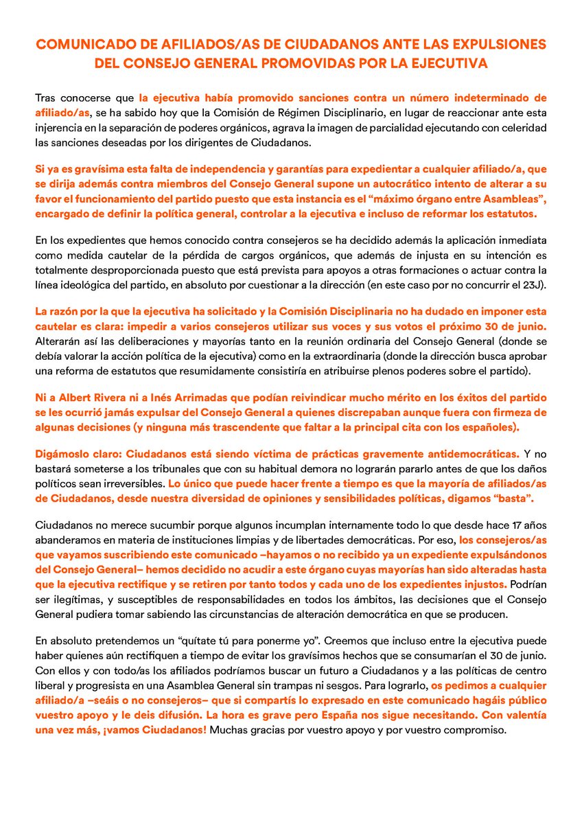 Por 1ª vez, para lograr la mayoría que no tienen, una ejecutiva de Cs expulsa a miembros del Consejo General, máximo órgano entre asambleas, con competencias tan importantes como controlar a la propia dirección o reformar los estatutos.

Pido a todos los afiliado/as que apoyen👇