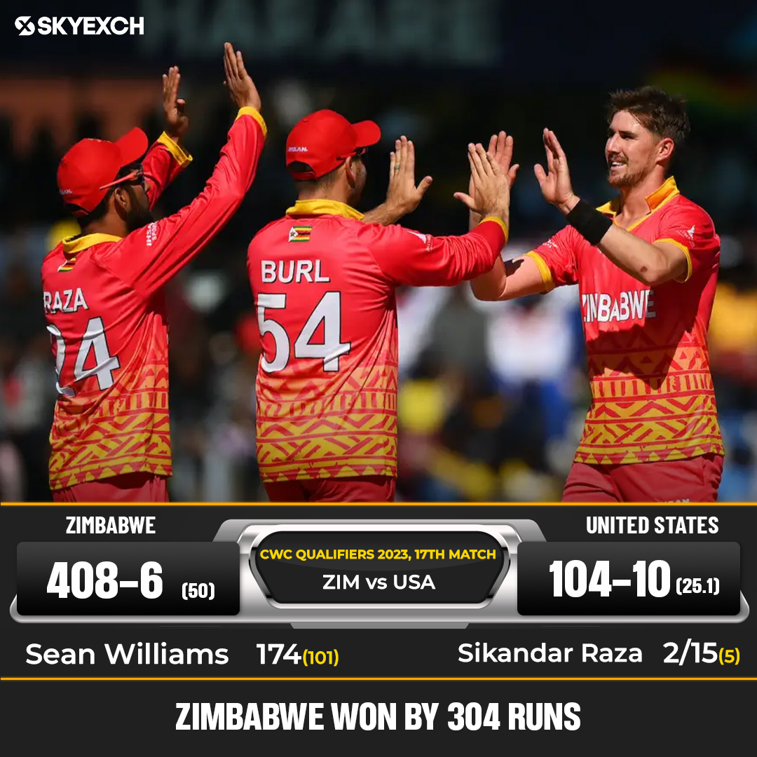 Zimbabwe scripts history with the second-highest margin in ODIs.

#Zimbabwe #USA #WorldCup #ODI #Cricket #SkyExch #Qualifiers