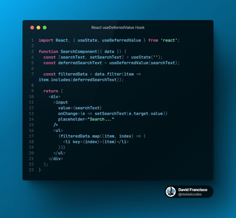 daidaicodes's tweet photo. The `useDeferredValue` hook! β³
π£ useDeferredValue is a hook introduced in the experimental Concurrent Mode of React. It allows you to defer a value until other, more critical updates, have finished rendering.
#juniordeveloper #reactjsdevelopers #100DaysOfCode #Reactjs https://t.co/lpbILf3E8b
