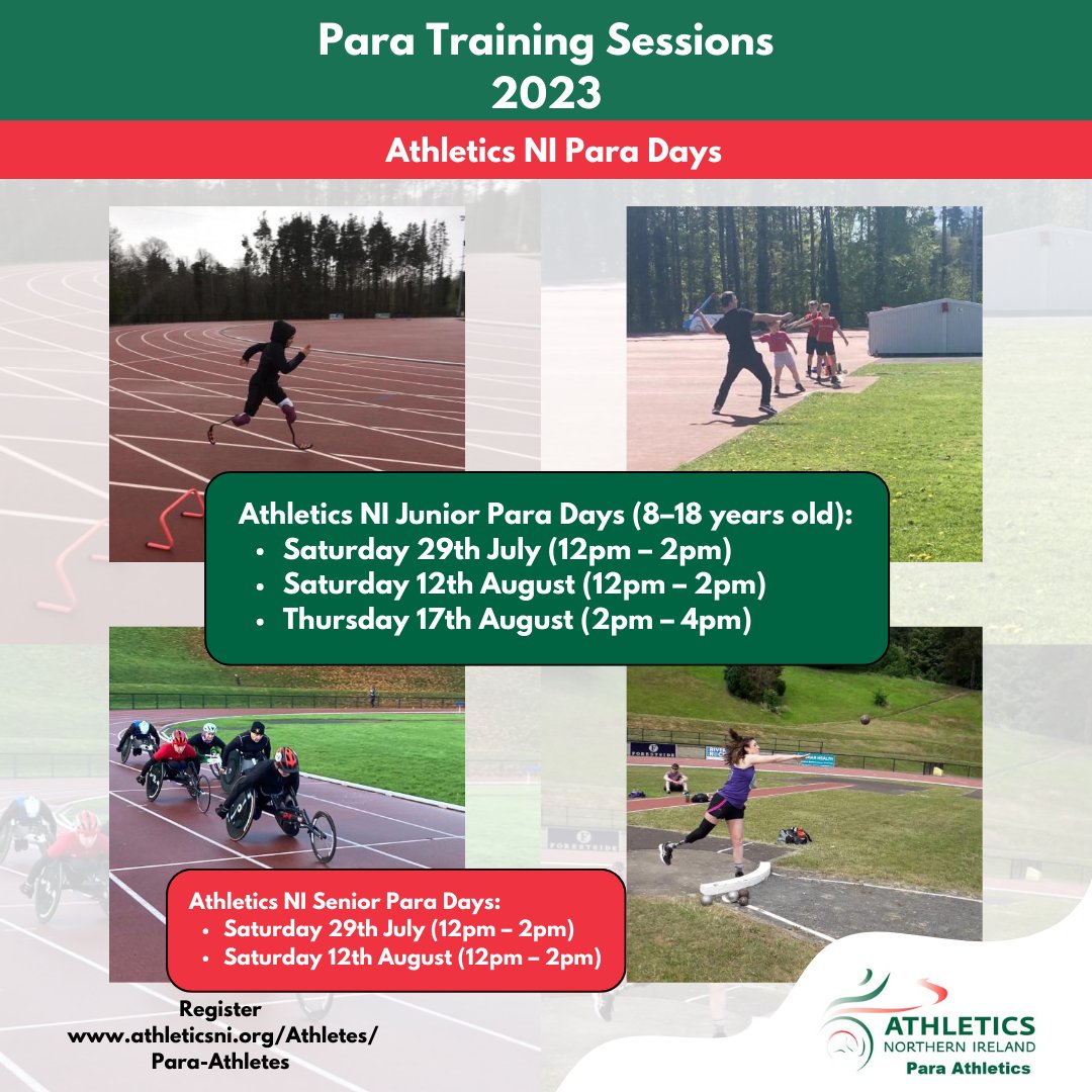 📢 Para Training Days 📢

Join in on the fun at our next para training day on Saturday 29th July, it's open to both junior and senior para athletes.

Find out more and register 👇
athleticsni.org/Athletes/Para-…

#paraathletics #paratrainingday
<a href="/ParalympicsIRE/">Paralympics Ireland</a>