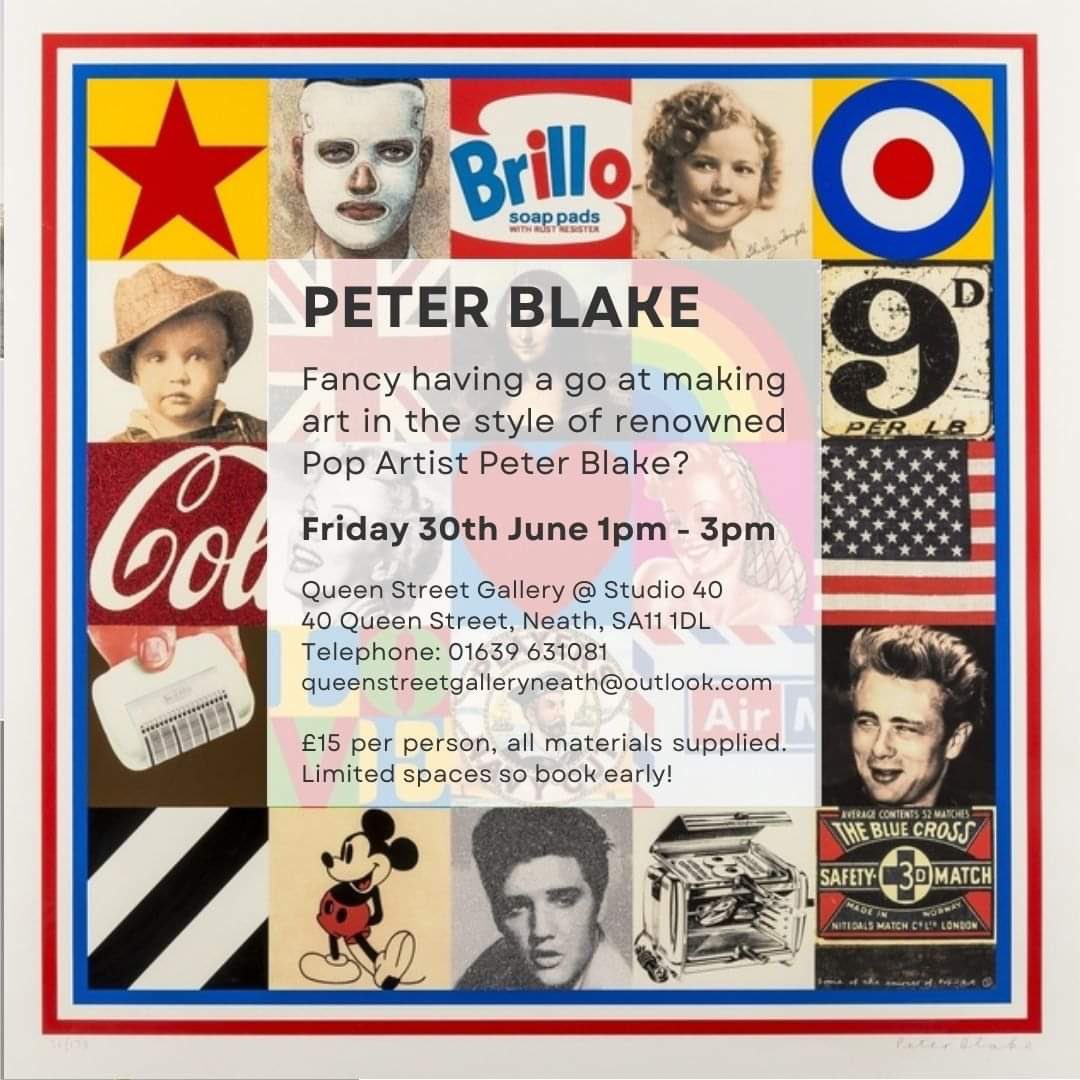 This Friday at Studio 40 and @queenstneath we have a Peter Blake Pop Art workshop with @NinaCamplin 
Book now! 
#art #artclass #artworkshop #peterblake #popart #queenstreetgallery #queenstreetgalleryneath #welshart