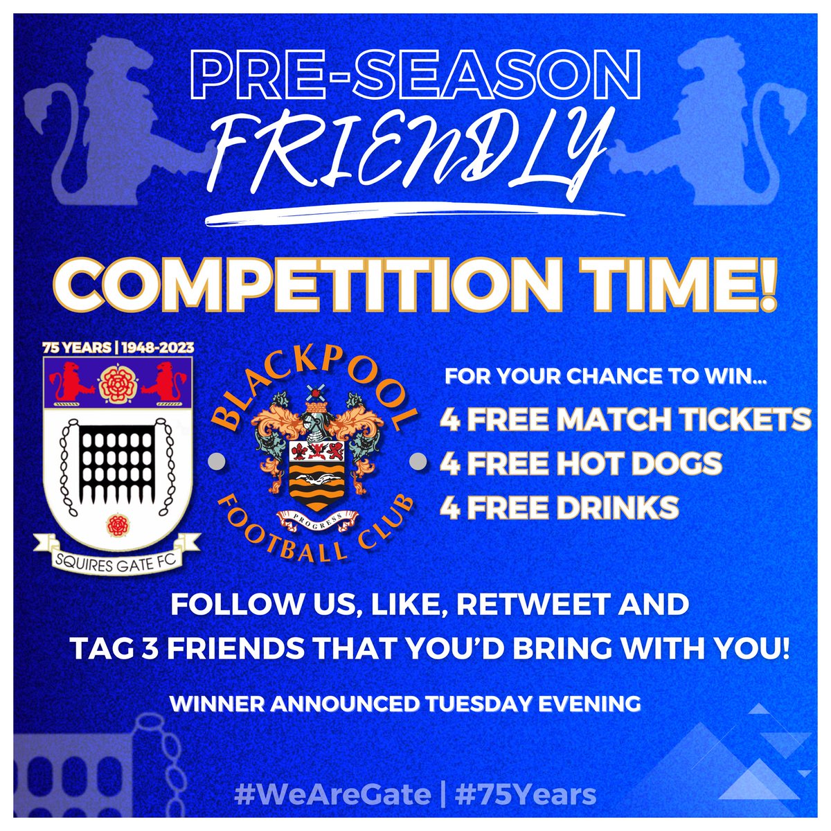 🍊 𝗖𝗢𝗠𝗣𝗘𝗧𝗜𝗧𝗜𝗢𝗡 𝗧𝗜𝗠𝗘

For your chance to win…
🎫 𝟰 𝗙𝗿𝗲𝗲 𝗧𝗶𝗰𝗸𝗲𝘁𝘀
🌭 𝟰 𝗙𝗿𝗲𝗲 𝗛𝗼𝘁 𝗗𝗼𝗴𝘀
🍺 𝟰 𝗙𝗿𝗲𝗲 𝗗𝗿𝗶𝗻𝗸𝘀

Follow us, Like &amp; RT this post, and tag 3 friends that you’d bring with you! 

🎫 myteamonline.co.uk/club-shop/squi…
🔷 #WeAreGate