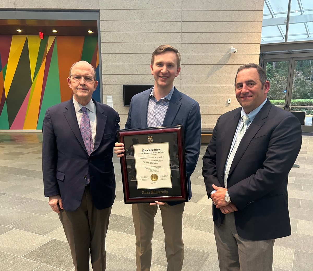 Congratulations to our graduating 2023 Duke #RadOnc residency class! We celebrated Brad Ackerson, MD; David Carpenter, MD, MHS; and Alex Diaz, MD, PhD, CSCS, last week at the @NasherMuseum. Grateful for their dedication over the past years at @DukeCancer radonc.duke.edu/news/graduatio…