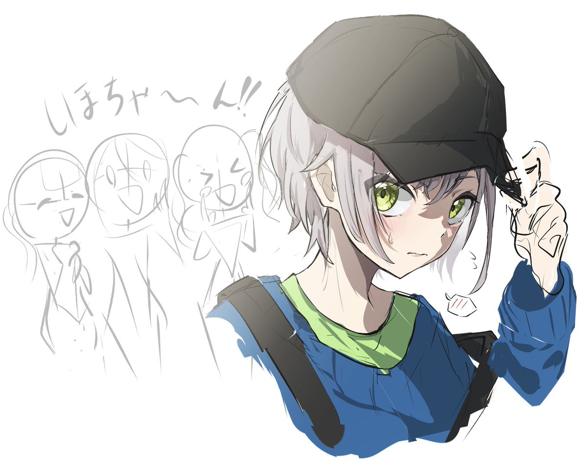 hat green eyes black headwear grey hair blush baseball cap white background  illustration images