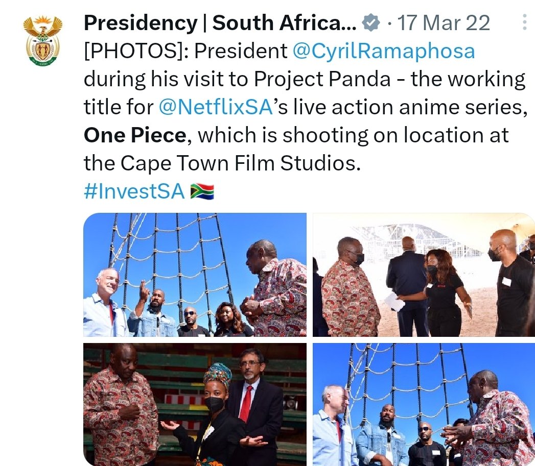 bymoonlightea's tweet photo. The One Piece Live Action employed over 1000 South Africans. The president of South Africa (yes, you read that right) visited the One Piece Live Action location due to the positive impact it had on the community and job opportunities it created. https://t.co/3vi8MNMZqo