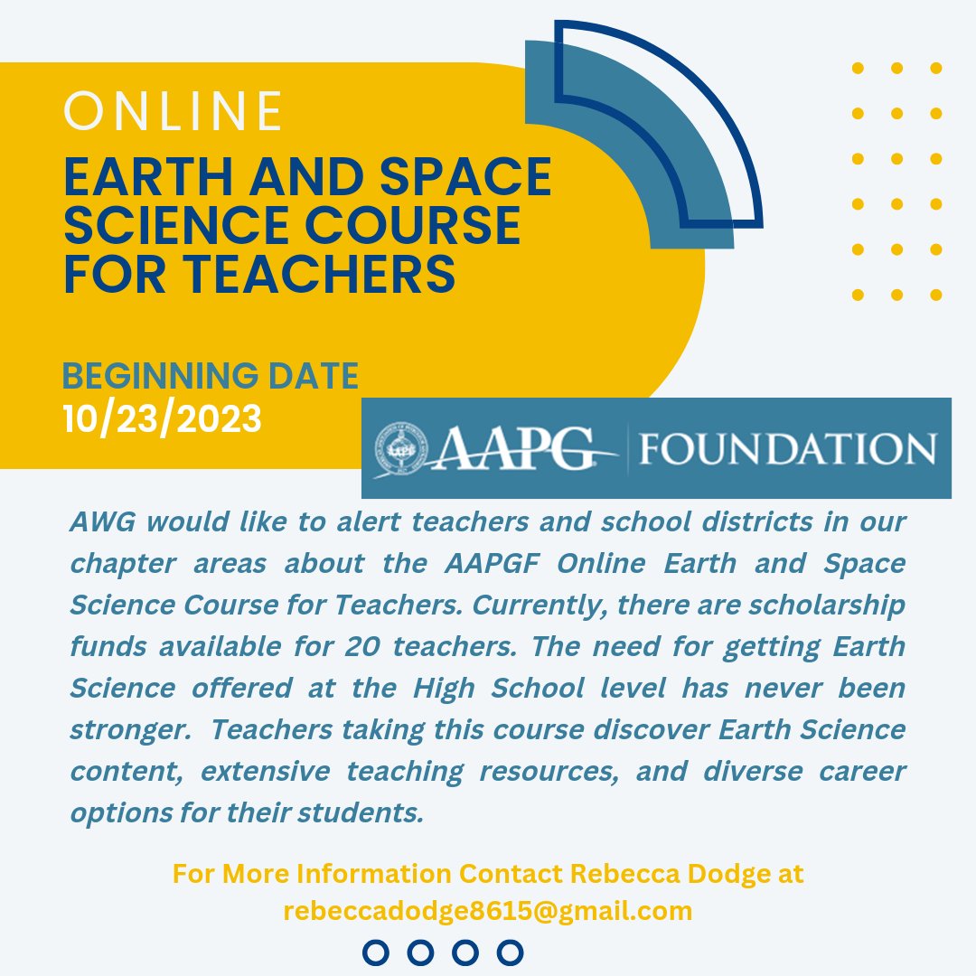 AWG (@awg_org) on Twitter photo 🚨ONLINE CLASS ALERT
Earth and Space Science Course for Teachers
Beginning Date:10/23/2023
For More Information Contact Rebecca Dodge at rebeccadodge8615@gmail.com 🚨ONLINE CLASS ALERT
Earth and Space Science Course for Teachers
Beginning Date:10/23/2023
For More Information Contact Rebecca Dodge at rebeccadodge8615@gmail.com