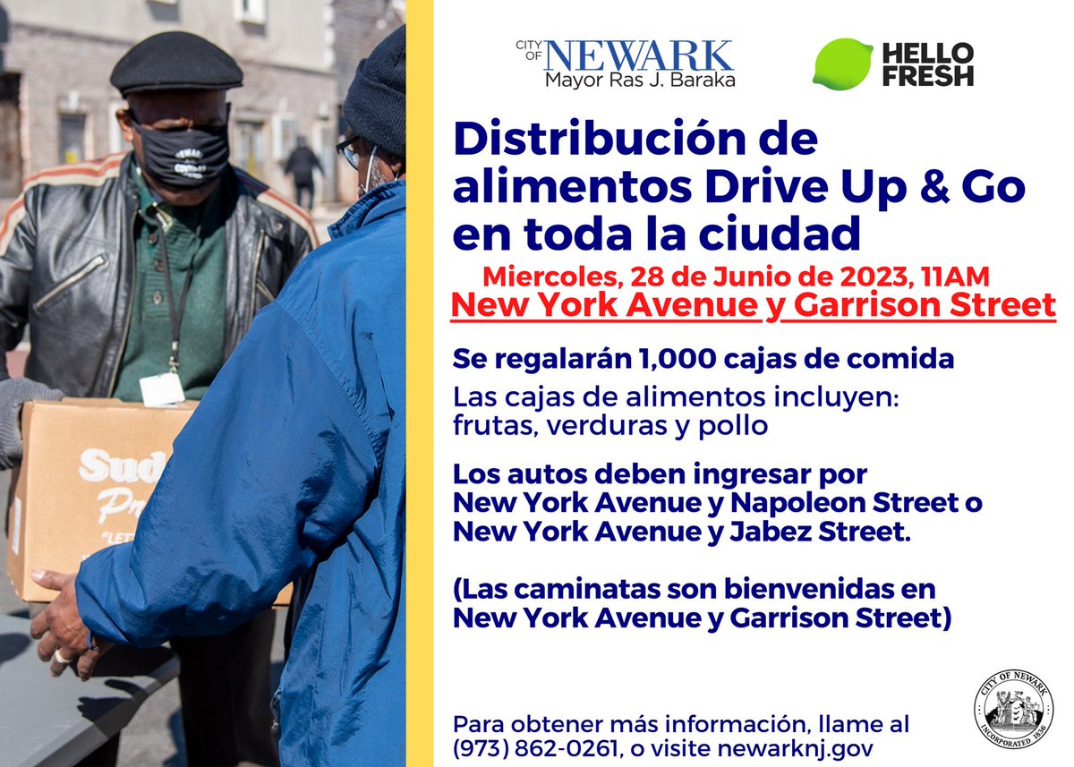 #Free #Food 🍽️🍗🧃 This Wednesay, come out for the weekly food distribution.

1,000 boxes of food will be given away to Newark residents. 
Wednesday, June 28, 2023 at 11:00 AM 
New York Avenue and Garrison Street, Newark NJ

For more information, please call 973) 733-3274