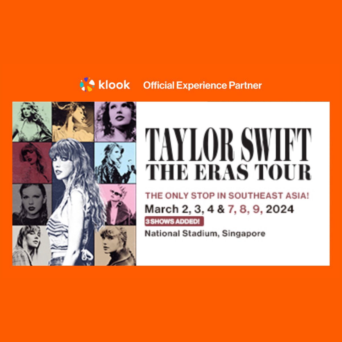 The Eras Tour X Klook 🧡
(บัตรคอนเสิร์ต #SingaporeTSTheErasTour + โรงแรม / เเพ็คเกจท่องเที่ยว)

Klook ร่วมกับการท่องเที่ยวสิงคโปร์ จะมีบัตรล็อคเอาไว้ สำหรับขายผ่านเเอพ Klook เท่านั้นโดยต้องซื้อพร้อมที่พักหรือเเพ็คเกจท่องเที่ยวเท่านั้น

*รายละเอียดใต้ทวิตเลยคับ
