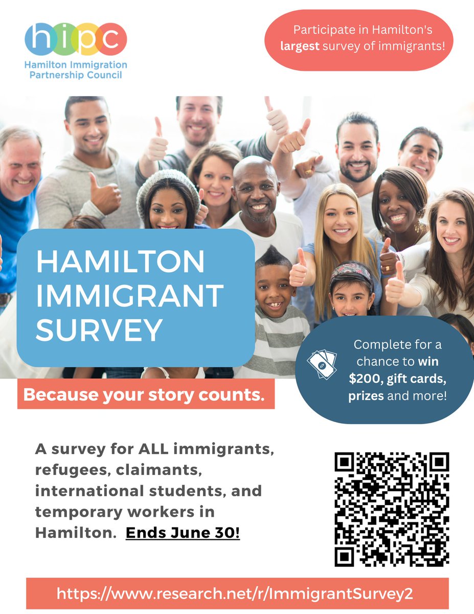 Immigration makes Hamilton stronger. Tell us your story and what matters to you! Open until June 30, #HamiltonImmigrantSurvey – a survey for all immigrants, refugees, international students, refugee claimants, temporary foreign workers and their families. research.net/r/ImmigrantSur…