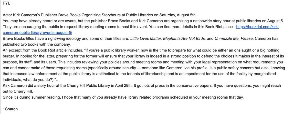 9/ The following leaked email is from Sharon Rawlins, the children's services coordinator for @njstatelibrary. She suggests libraries block off meeting rooms on August 5th to prevent us from renting space for a story hour because of our “right-wing ideology.”