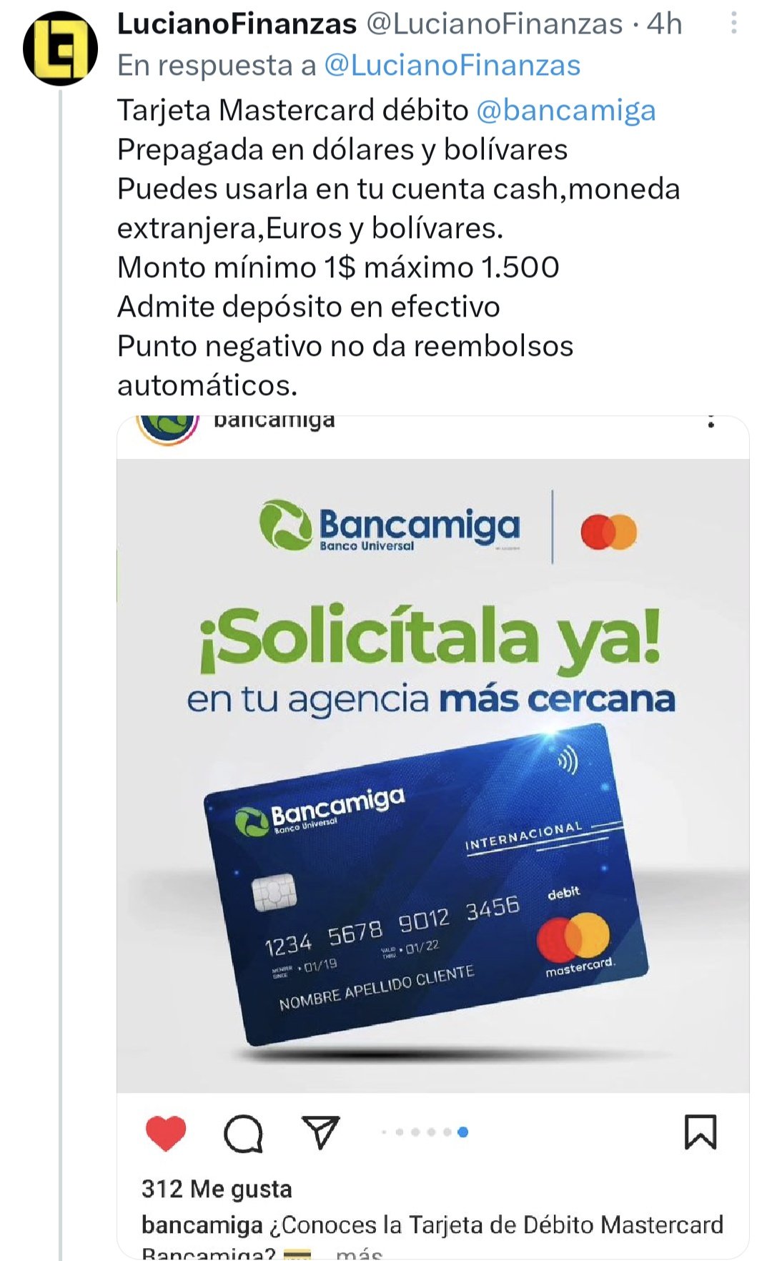 Entretenimiento Sobrio Relacionado Nébula on Twitter: "No, @Lucianofinanzas, la tarjeta de débito #Mastercard  🔴🟡 de #Bancamiga que muestras allí NO es prepagada 💳 (No es recargable)  por lo que NO hay montos mínimos ❌ sino