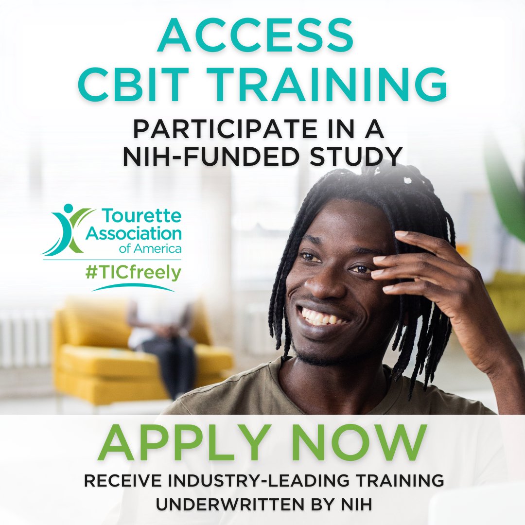📣 APPLY NOW! Therapists and healthcare providers, apply to receive industry-leading #CBIT training at no cost to you due to the underwriting of a National Institutes of Health Study – a $900 value!

Find out more and apply now at tourette.org/cbit-nih-study/  
#TouretteAwareness