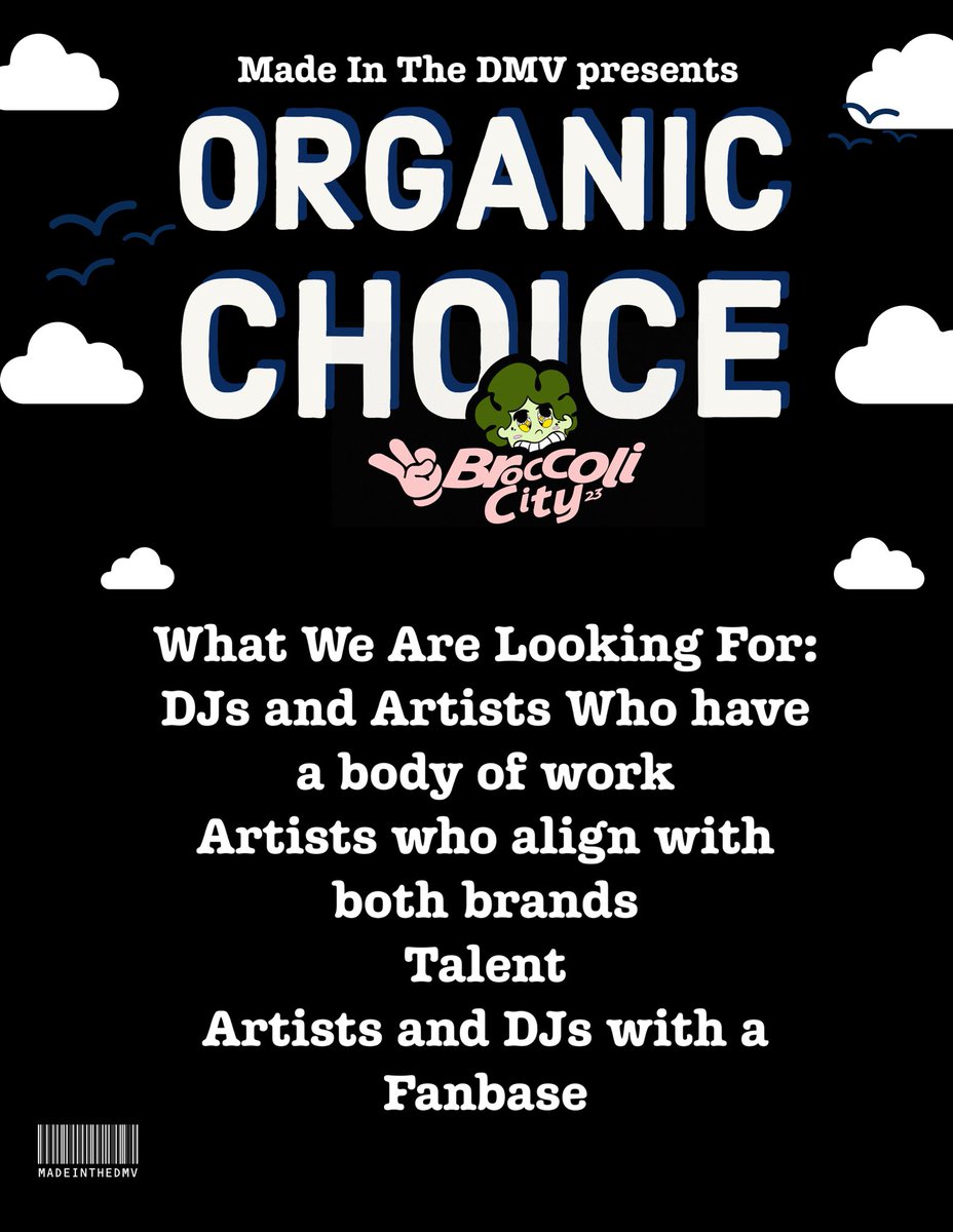 madeinthedmv's tweet photo. Excited to bring #organicchoice back to give 1 DMV DJ and Artist a chance to perform at @BroccoliCity. Submit music or mixes https://t.co/VNIZuHOpiI . Tag a DMV artists or DJ you want to see on the #bcfest23 stage #madeinthedmv https://t.co/LEYJXeMjSw