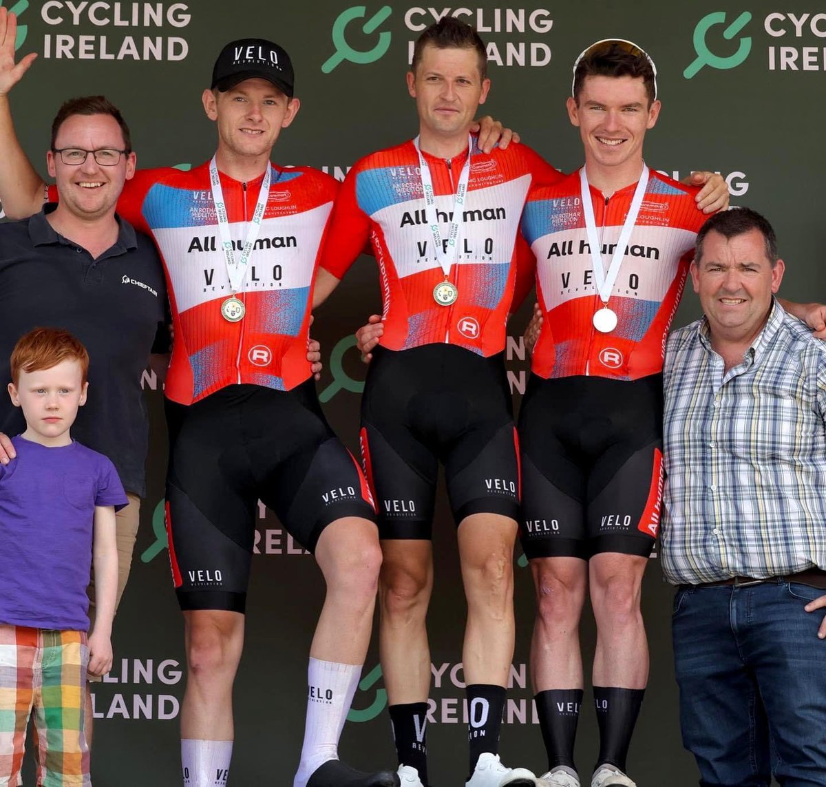 AllhumanAgency's tweet photo. Congratulations to the All human VeloRevolution team for winning the Team prize at the Irish Elite National Cycling Championships yesterday in Dungannon, Co Tyrone. Great to see Mitchell, Mark, and Daire on yet another podium this year. 🏅
#VeloRevolution
#Allhuman https://t.co/bYl69aSc5C