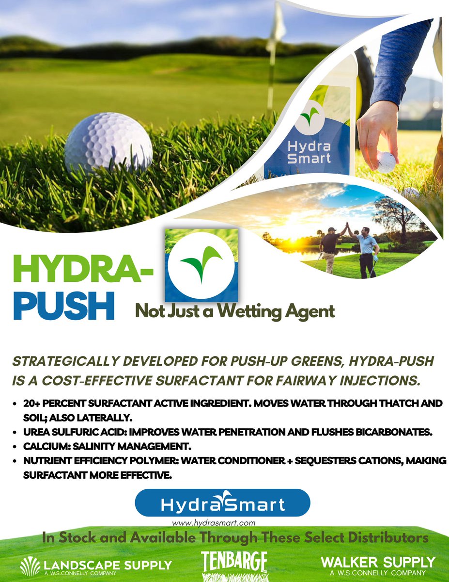 _hydrasmart's tweet image. In need of @_hydrasmart  Hydra-Push, in stock and ready to ship today? Only surfactant solution to aid with water management and plant health. Strategically developed for push-up greens, Hydra-Push is a cost-effective surfactant for fairway injections. #golf #wettingagents
